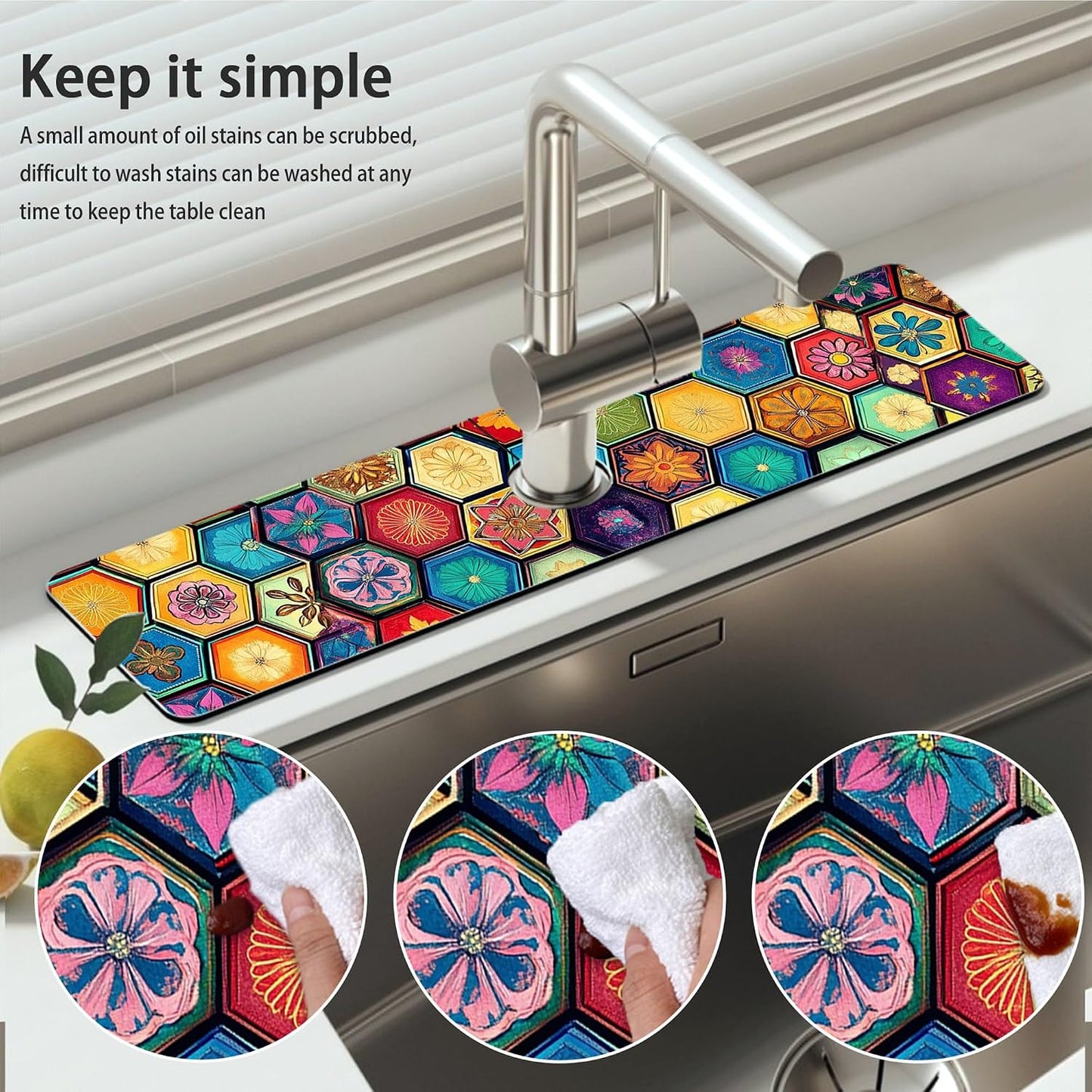 Bimkole 2 PCS Faucet Absorbent Mat, Kitchen Faucet Sink Splash Guard Wraparound Cloth Pads Drip Catcher for Sink Faucet for Kitchen Bathroom Faucet, Colorful Faucet Mat, 15 x 4 Inch Flower A6