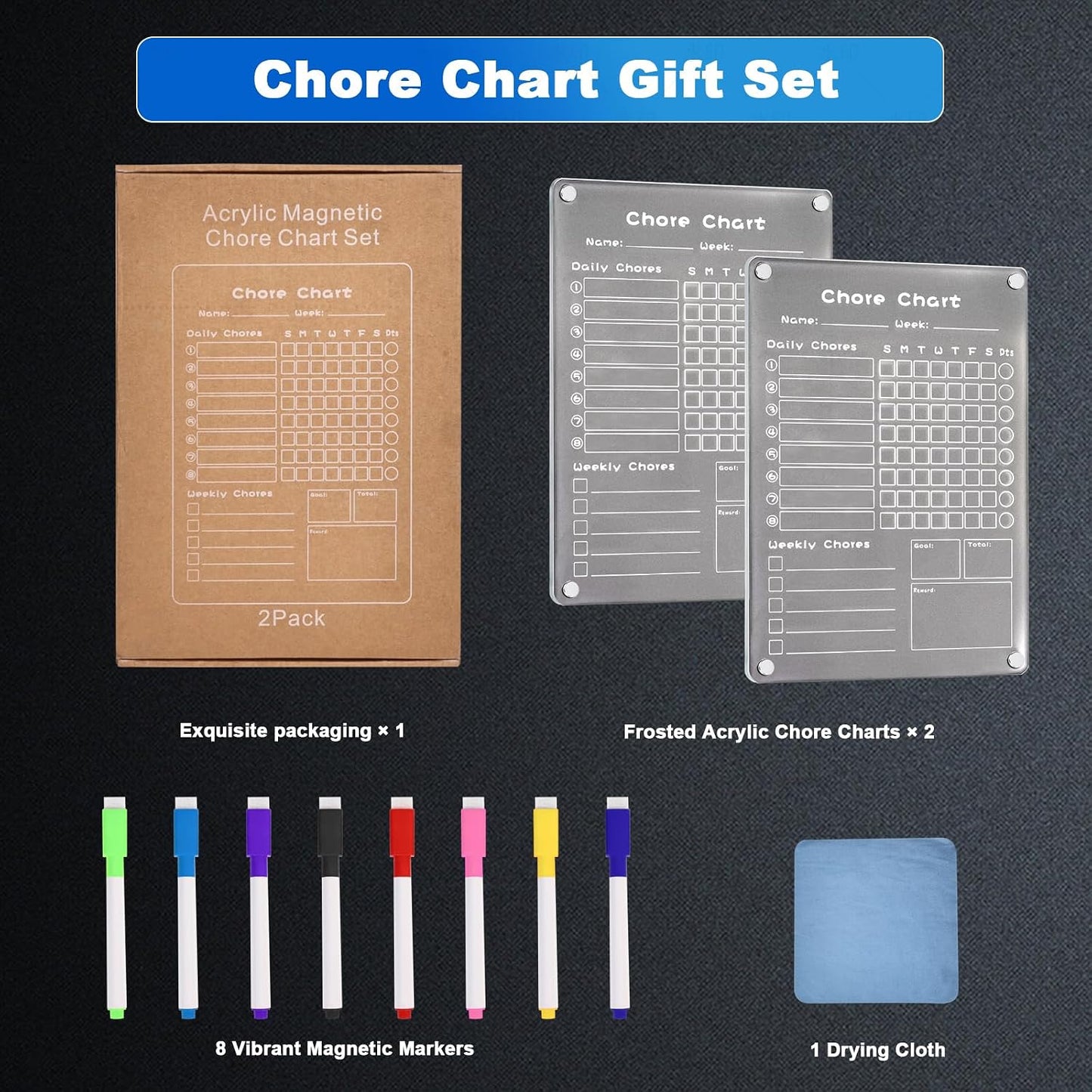 2 Pack Acrylic Magnetic Chore Chart Set for Refrigerator,Erasable Chore Chart for Teens and Adults,11,8"×8.3" Frosted Weekly Dry Erase Board w/ 8 Markers & 1 Cleaning Cloth