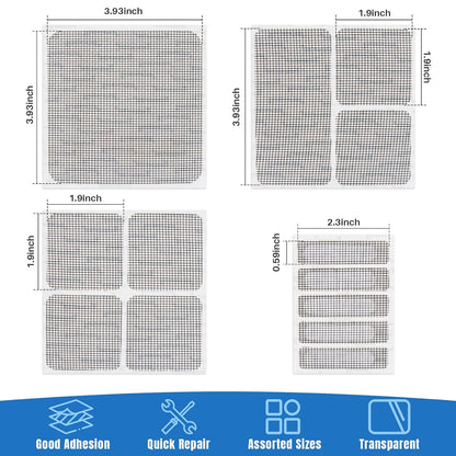 MAQIHAN Window Screen Repair Tape - 16 Sheets Black Screen Door Repair Kit | 4 Sizes Screen Patches Self Adhesive for Mesh Screens Door, Kitchen Sink & Floor Drain, Strong Adhesion Fiberglass Mesh Tape