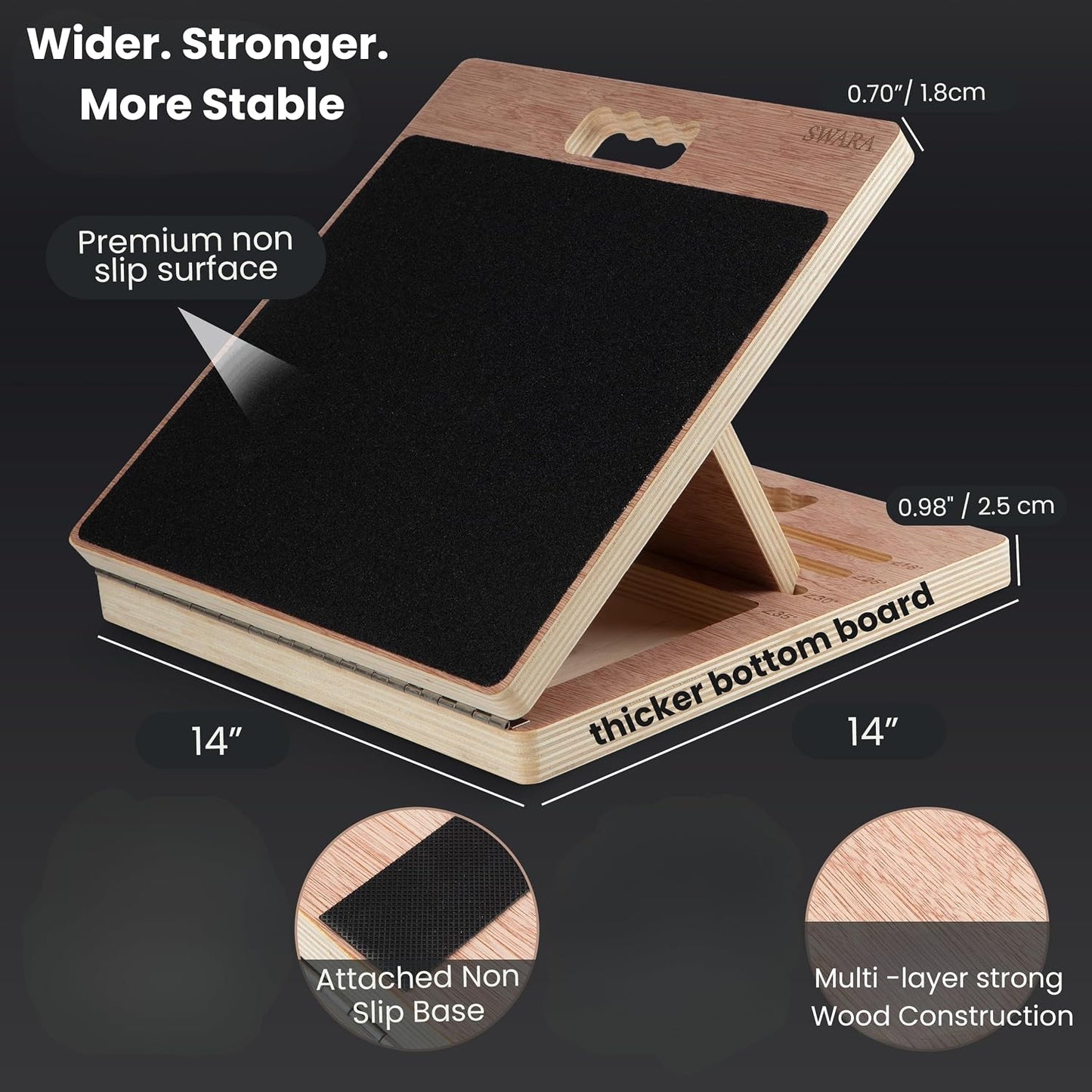 Swara 17″ Wide Wooden Slant Board for Calf Stretching & Squats, Foldable | Adjustable Calf Stretcher with Thicker Base, Foldable Wide Slant Board, Exercise Guide, Free Muscle Roller and 400lb Capacity