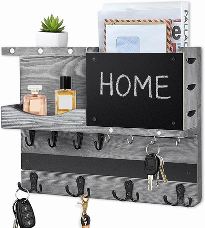 Key Holder for Wall Mount with Shelf and Mail Organizer, Key and Mail Holder with 16 Hooks, Farmhouse Entryway Organizer, Home Decor Rack (Pine Wood, White Washed)