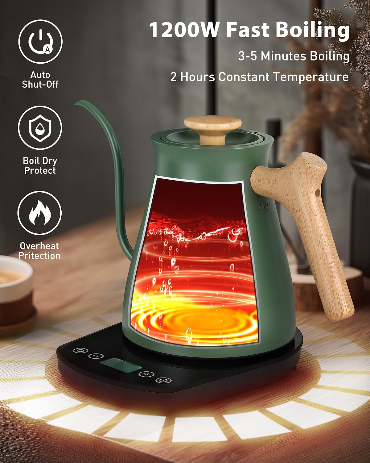 Harriet Gooseneck Electric Kettle for Pour Over Coffee, Variable Temperature, 1200W Fast Boil, Brew Timer, 2-Hour Keep Warm, Stainless Steel Interior, Wooden Handle