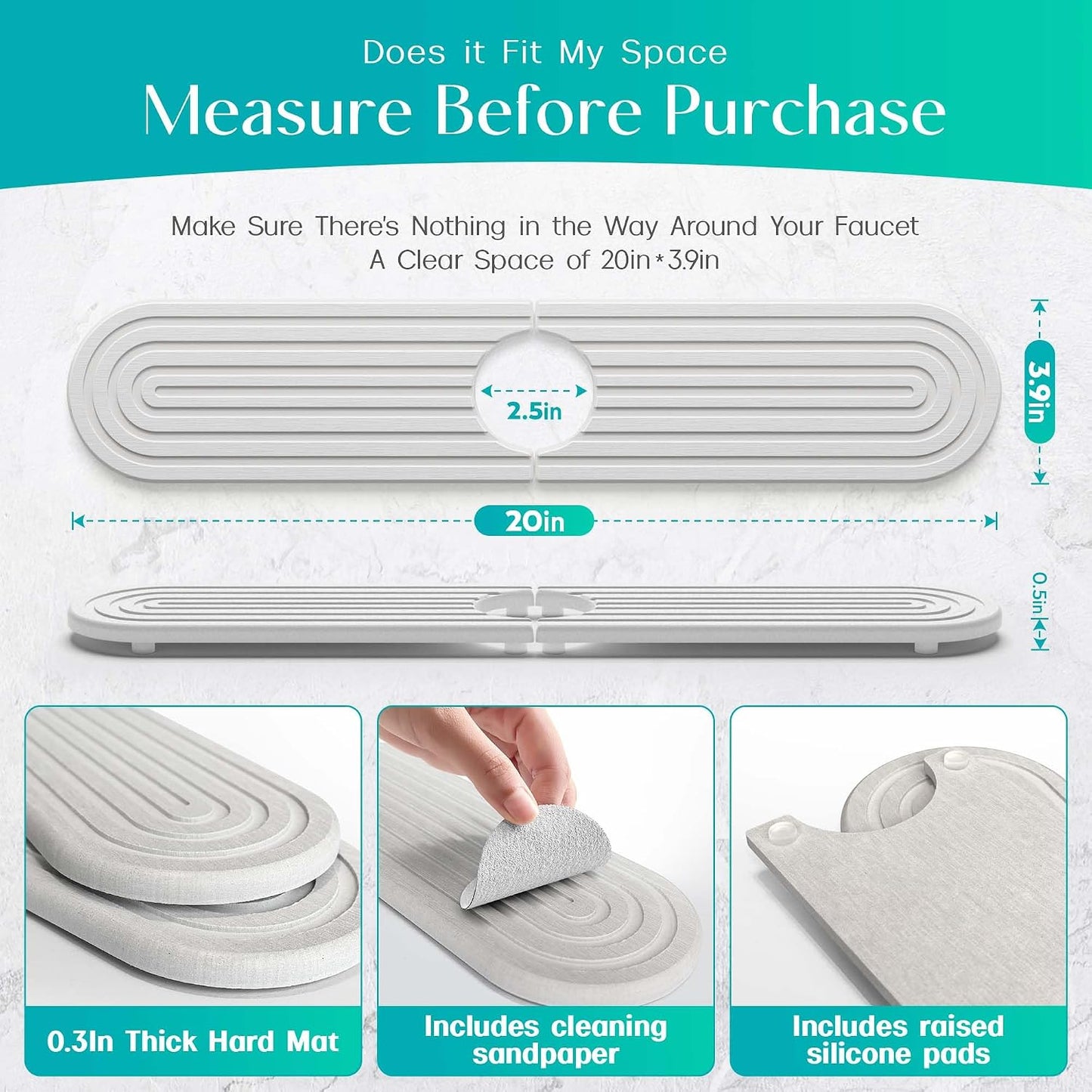 Stone Faucet Mat for Kitchen Sink – Diatomite Fast-Drying Stone Tray, Faucet Mat Sink Splash Guard, Decorative Sink Protector for Kitchen Bathroom Counter (Light Grey, 20''x3.9'')