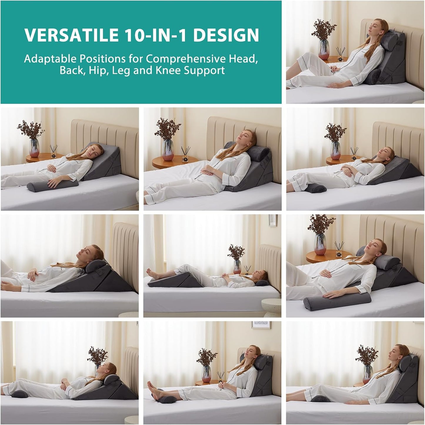 Bedluxe Wedge Pillow Headboard, 3PCS Orthopedic Bed Wedge Pillows Set for After Surgery, Adjustable Pillow Wedge for Acid Reflux&Back Pain Relief, Sleeping, Back Pillow for Bed Sitting Up, White/Grey