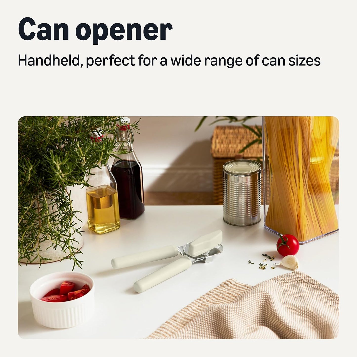 Amazon Basics Manual Can Opener with Stainless Steel Construction, Soft Grip Handle, Dishwasher Safe, Linen Gray