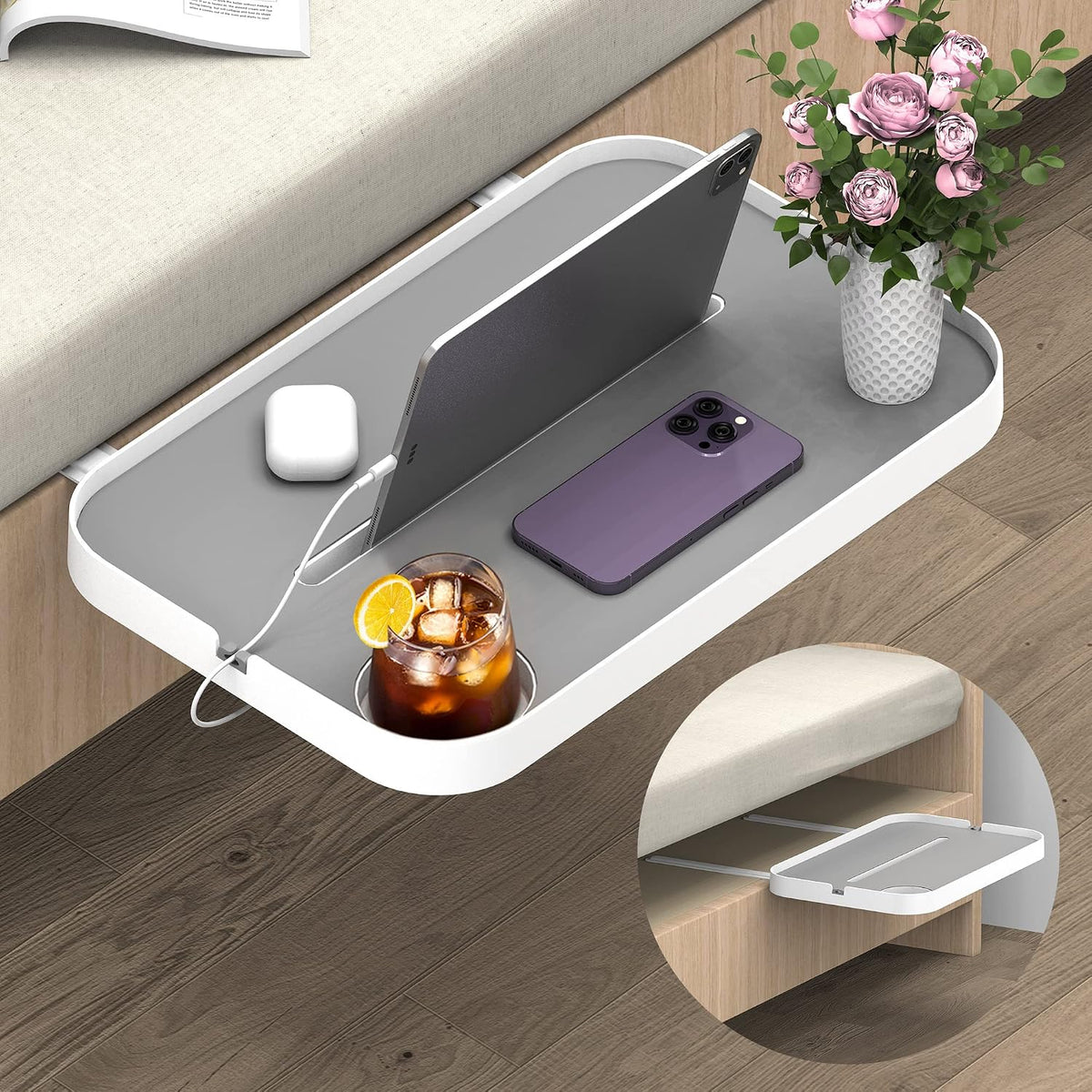 KIWIFOTOS Raised Bedside Shelf for Bed Tray Table Under Mattress