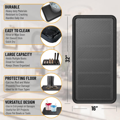 Ottomanson Heavy Duty Rubber Floor Mat – Non-Slip, Waterproof, Easy to Clean – Boot Tray Utility Mat for Shoes, Boots, Entryway, or Pet Feeding Area – Durable, Hose Washable – 16" x 32", Black
