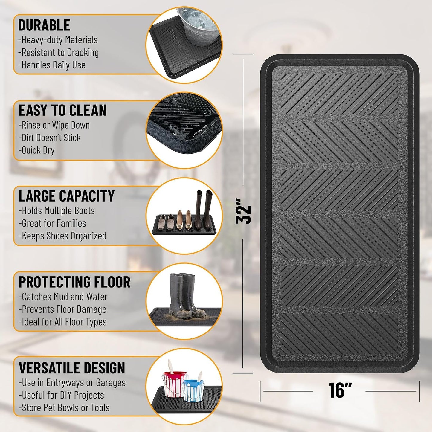Ottomanson Indoor/Outdoor Boot Tray Non-Slip Doormat Modern Entryway Mat for Entryway Patio Backyard Garage, 18" x 28", Black