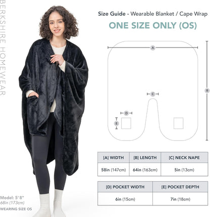 Berkshire Blanket Primalush™ Wearable Blanket, Cozy Loungewear Pocketed Plush Cape Wrap for Adults & Teens(Purple, One Size 58"X64")
