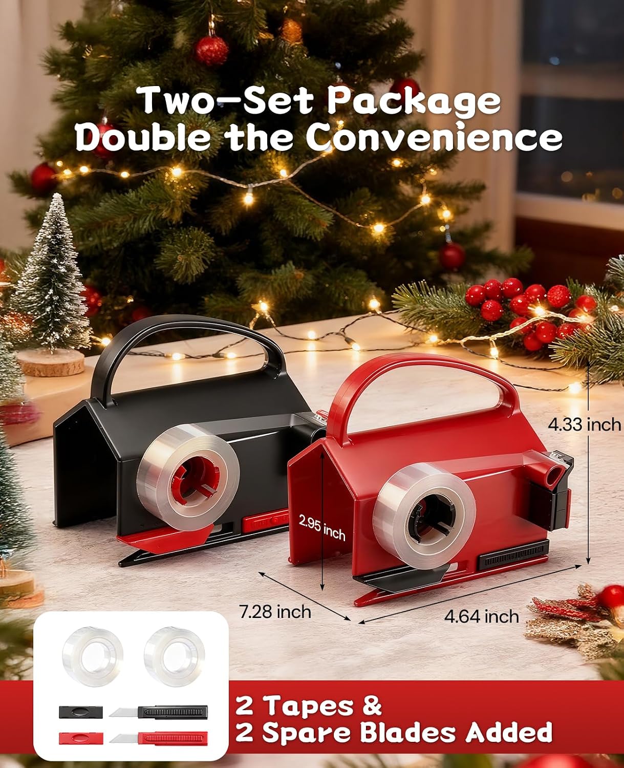 2 Pack Wrapping Paper Cutter & Tape Dispenser Dual Use, Gift Wrap Cutter Tool for Rolls Paper with 4 Tapes & 2 Replace Blades Kit for Christmas Birthday, Easy Cut for Present Wrapping