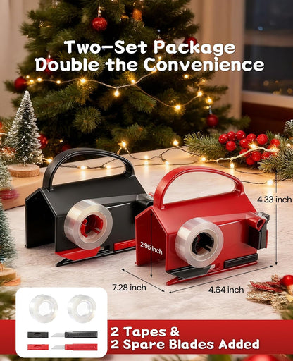 2 Pack Wrapping Paper Cutter & Tape Dispenser Dual Use, Gift Wrap Cutter Tool for Rolls Paper with 4 Tapes & 2 Replace Blades Kit for Christmas Birthday, Easy Cut for Present Wrapping
