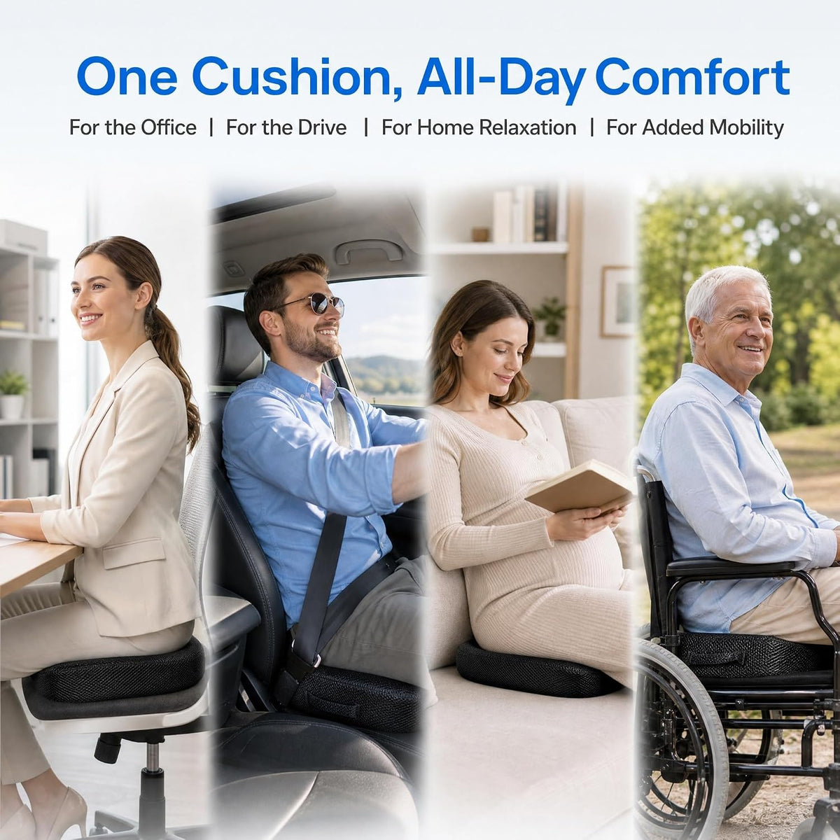 Memory Foam Seat Cushion for Office Chair & Car - Ergonomic Tailbone & Sciatica Pain Relief Pad - Non-Slip Desk Chair Cushion for Long Sitting, Breathable Mesh Pad for Posture Support (Black)