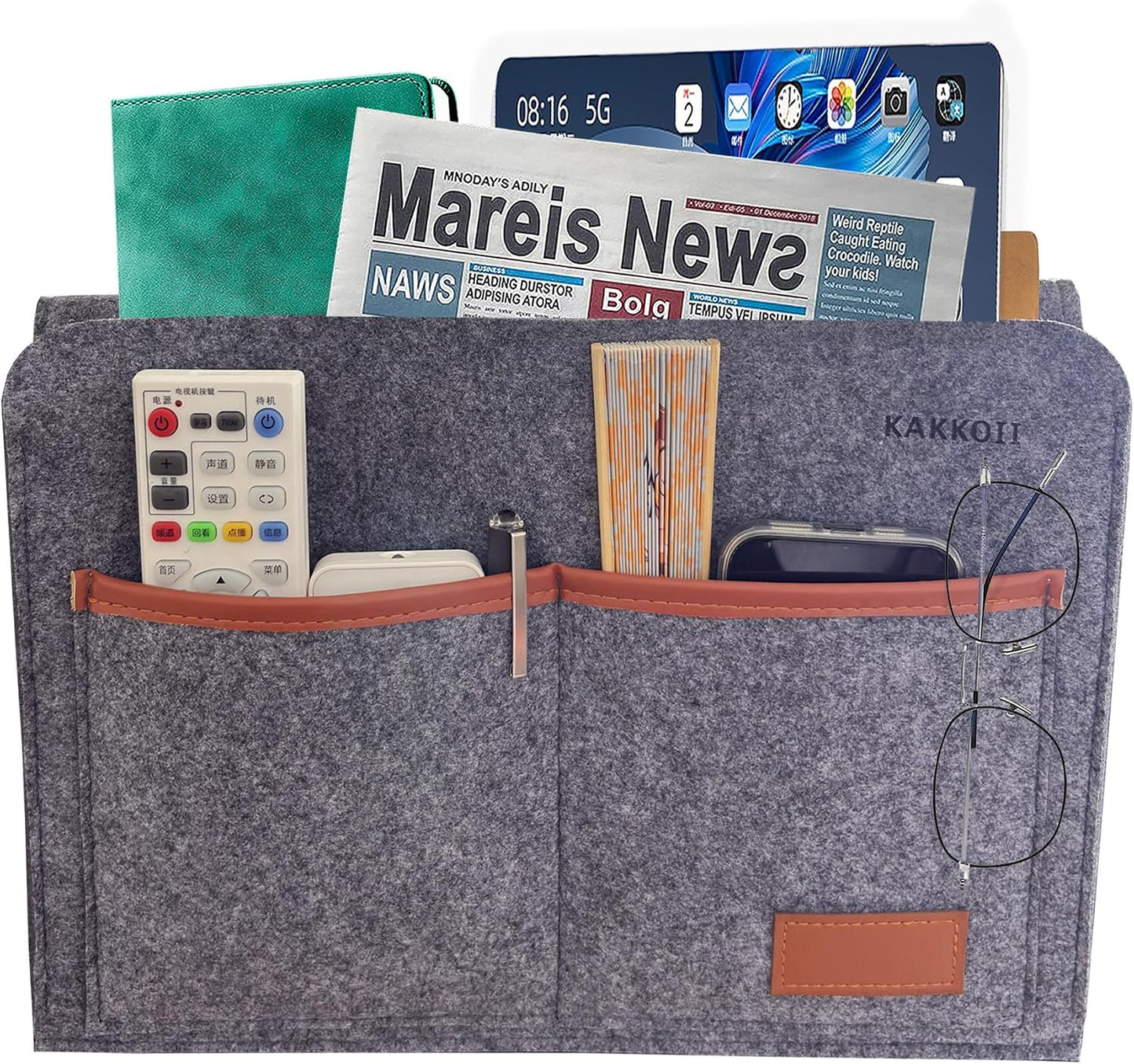 Bedside Caddy, Sofa Caddy, Storage Organizer Pocket for Dorm, Bedroom, 5 Pockets Felt Organizer for Magazine, Remote, Phone, Tablet, Pad, Glasses, Pen, Remote Control (Light Grey-Short)