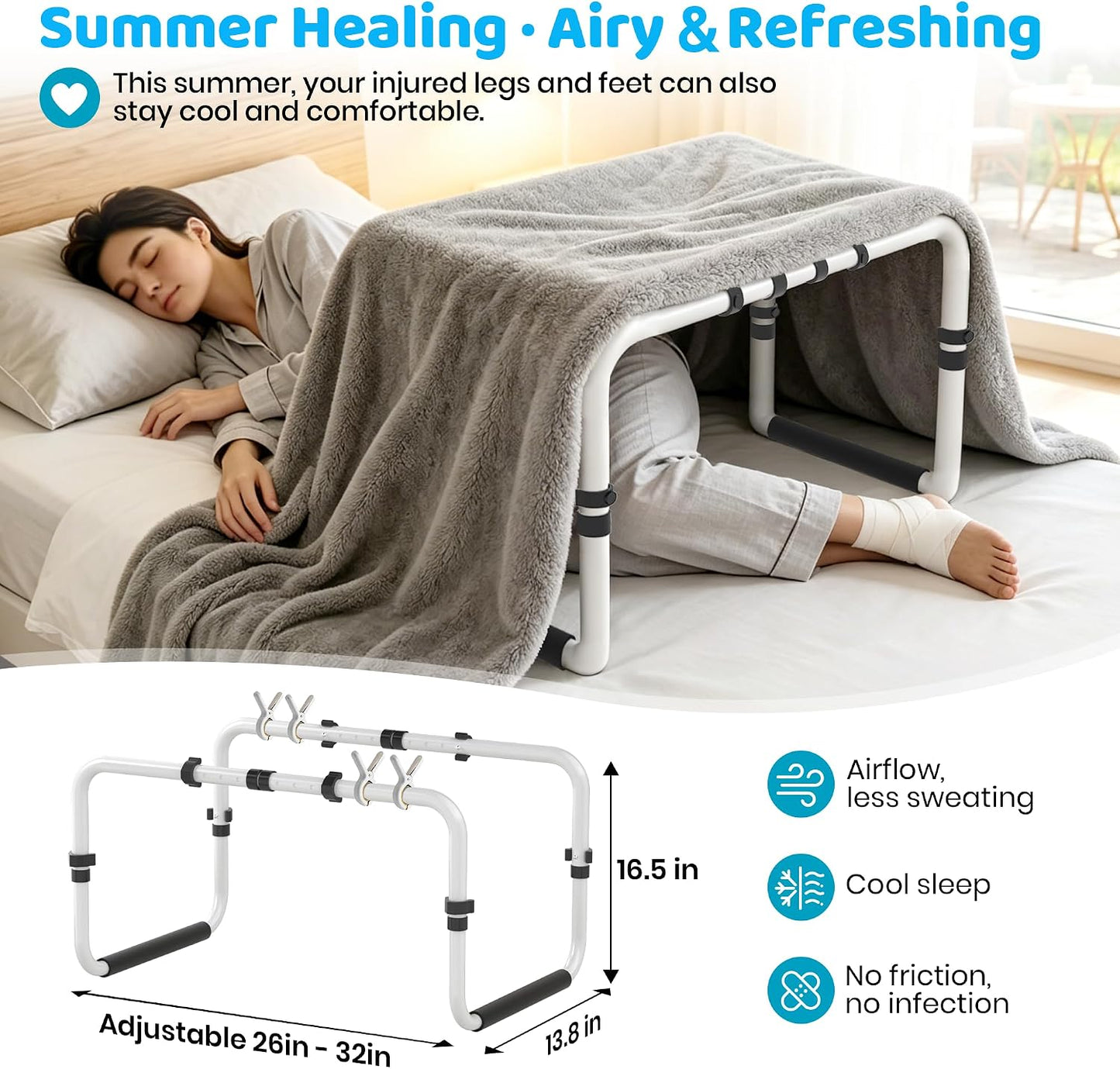 Blanket Lifter for Feet, Height Adjustable Foot Tent,Non-Slip Aluminum Alloy | 4 clips, 26"-32" adjustable. Ideal for post-surgery & knee pain relief. Use on bed/floor. Easy assembly, no tools.