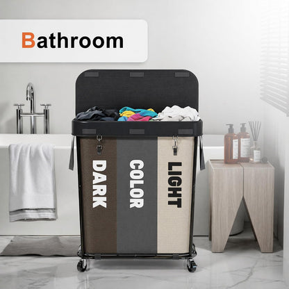 Laundry Sorter with Wheels 240L Rolling Laundry Cart,3 Compartment Designed Removable Laundry Bag for Daily Use in Bathrooms and Laundry Rooms (Brown, 240L)
