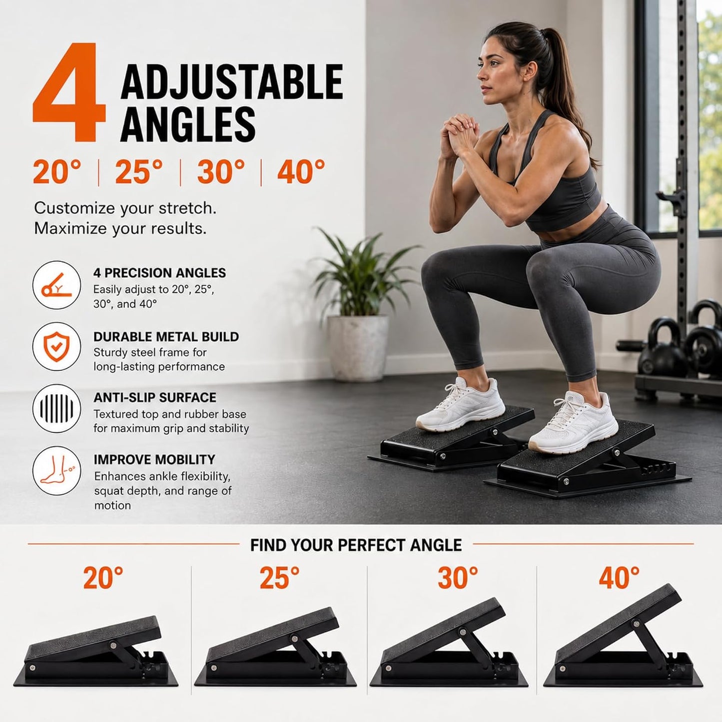 2 Pack Adjustable Slant Board for Calf Stretching, Steel Calf Stretch Board 20°-40° Non-Slip Squat Wedge with Handle for Exercise Rehab Leg Stretch and Plantar Fasciitis Relief