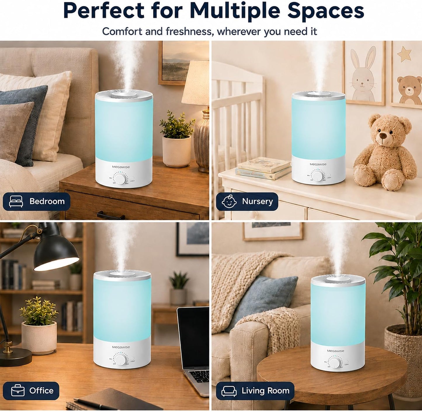 MEGAWISE 3.5L Cool Mist Humidifier with Top Refill, Large Capacity of 3.5L, Easy Safe and Convenient for Home + 7 Night light Colors