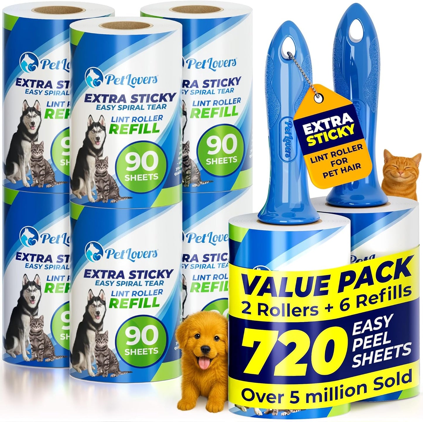 PetLovers Extra Sticky Lint Roller Mega Value Set 450 Sheets for Pet Hair Removal and Clothes, Dog and Cat Lint Remover 5 Pack