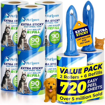 PetLovers Extra Sticky Lint Roller Mega Value Set 450 Sheets for Pet Hair Removal and Clothes, Dog and Cat Lint Remover 5 Pack