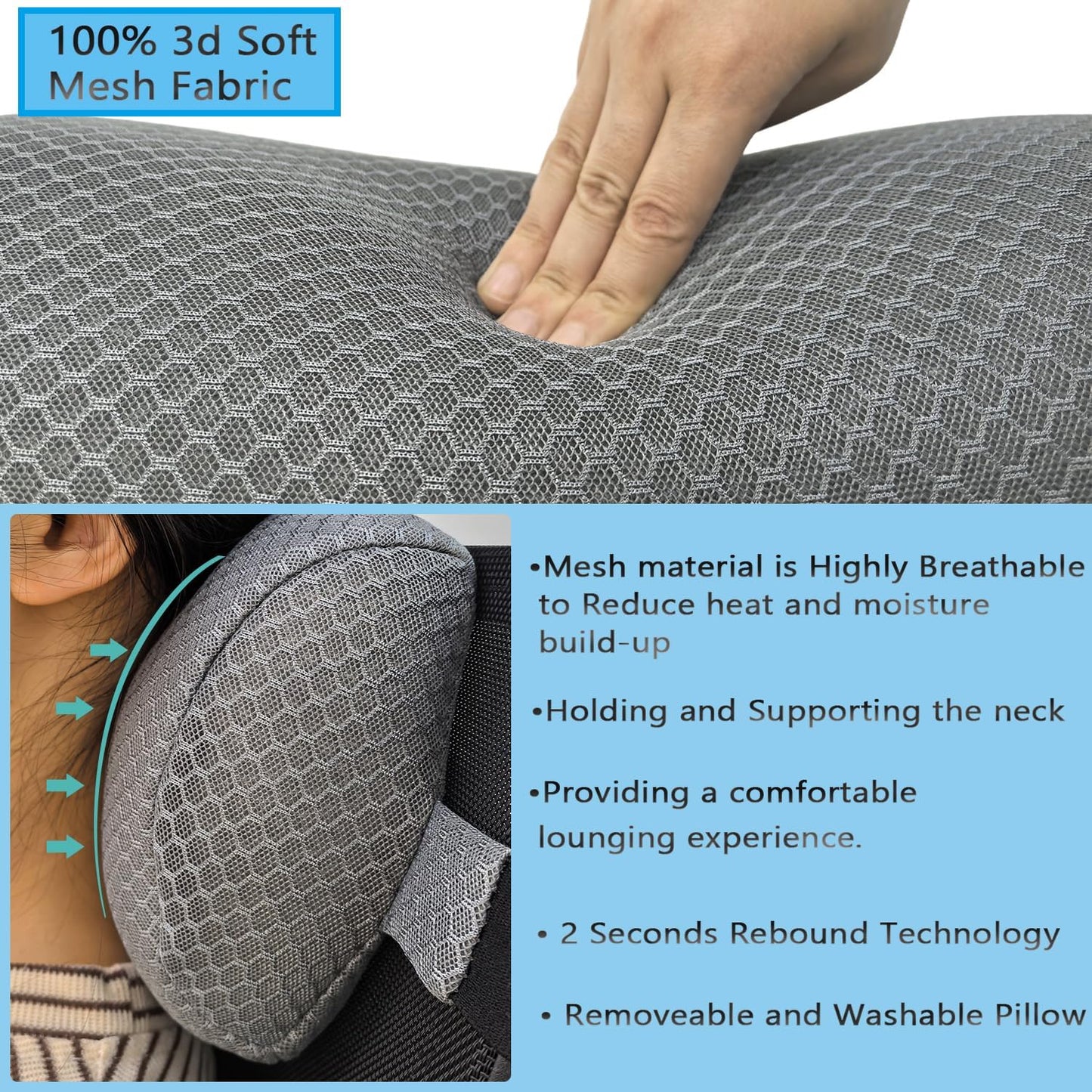 1 Pack Headrest Pillow for Patio Chaise Lounge,Recliner,Beach Chair,Gray | Resilient 3D mesh pillow with removable washable cover, adjustable elastic strap, ergonomic support, lightweight portable