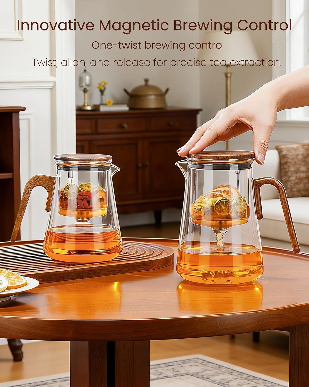 ZENS Magnetic Glass Infuser Teapot for Loose Tea, 27oz Walnut Wood Handle | Magic Teapot with Infuser, Echanted Tea Maker, Mess-Free Loose Leaf Tea Diffusers for Tea lover Gifts