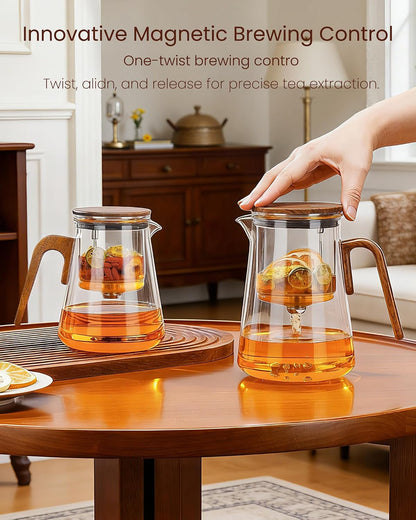 ZENS Magnetic Glass Infuser Teapot for Loose Tea, 27oz Walnut Wood Handle | Magic Teapot with Infuser, Echanted Tea Maker, Mess-Free Loose Leaf Tea Diffusers for Tea lover Gifts