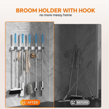 4 Pack Stainless Steel Mop and Broom Holder Wall Mount with Hook, Silver | Screw Drilling or Self Adhesive Storage Rack for Closet Laundry Garage Garden Tool Organizer