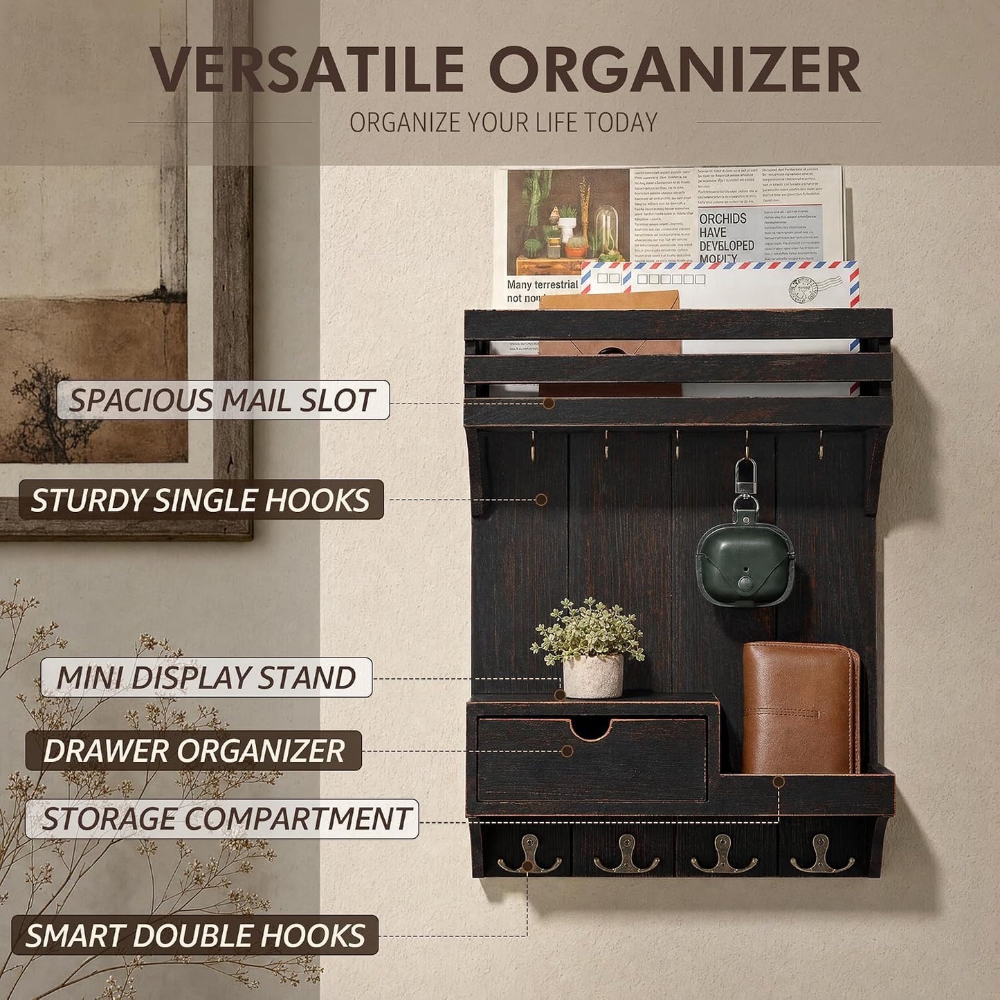 Rebee Vision Key Holder Wall Mount with Drawer Organizer for Entryway,Brown | Pine Wood, 6 Key Hooks, Display Shelf for Plants, Mail Slot for Storage Letter, Multi-Funtional Design, Home Storage