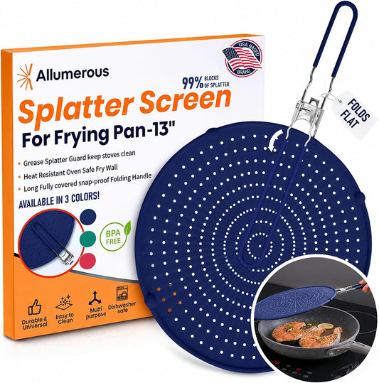 Silicone Splatter Screen for Frying Pan, 13” Navy – Folds Flat with Sleeves, Dishwasher Safe Grease & Oil Splatter Guard, Heat Resistant Splash Guard Fits 10–12” Pans, Most 13” Skillets
