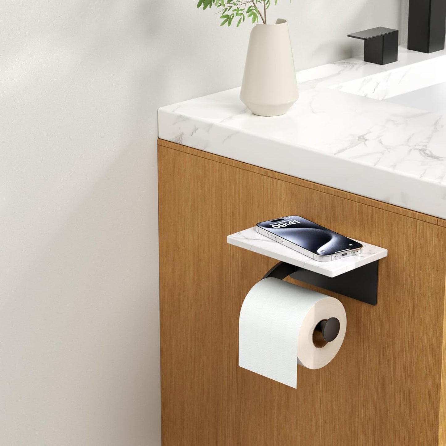 FORIOUS Toilet Paper Holder with Shelf, Natural Marble, Commercial | Brushed Nickel, Wall Mount 304 Stainless Steel Commercial Bathroom Tissue Roll Dispenser, Heavy Duty Washroom Paper Storage