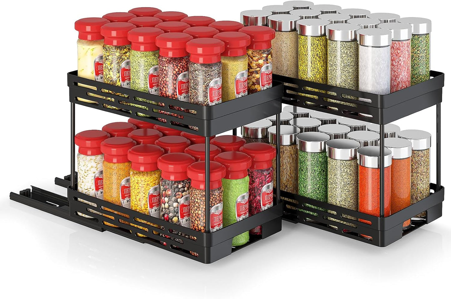 Pull Out Spice Rack Organizer for Cabinet, 3 Packs Slide Out Spice Racks Organizer, Spice Cabinet Organizers, Cabinet Size Need:12'' Highx11'' Deepx5'' Wide,Each Tier Hold 10 Spice Jar - 2 Tier, Black