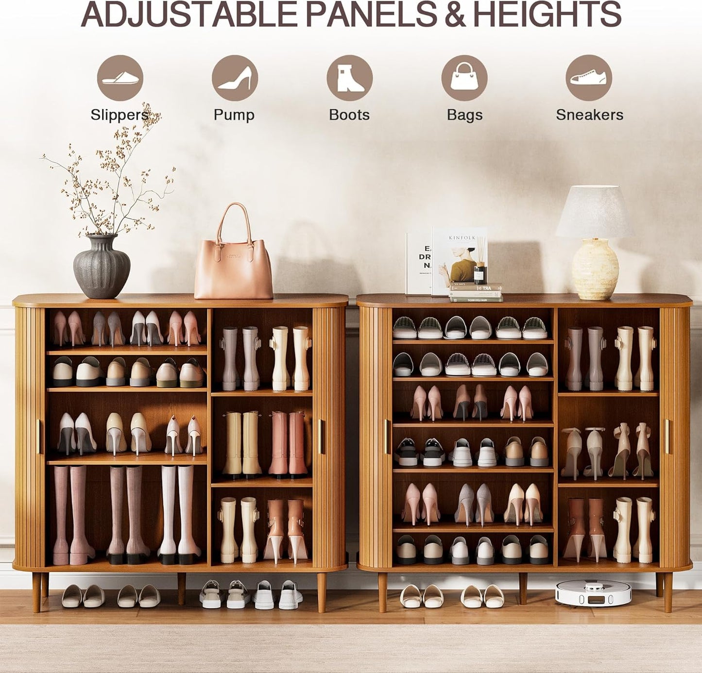 DHH Shoe Storage Cabinet with Sliding Door, 6-Tier Shoe Cabinet with Adjustable Shelves, Modern Freestanding Shoe Storage Organizer for Entryway, Hallway, Living Room (Walnut, 47 ")