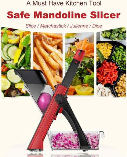 ONCE FOR ALL Safe Mandoline Slicer Plus, Bigger Size, Potato Slicer, Black | 0.1-8mm Adjustable Vegetable Food Chopper, Kitchen Mandoline Slicer Stainless Steel, Detachable Blade, Dishwasher-safe, Gift