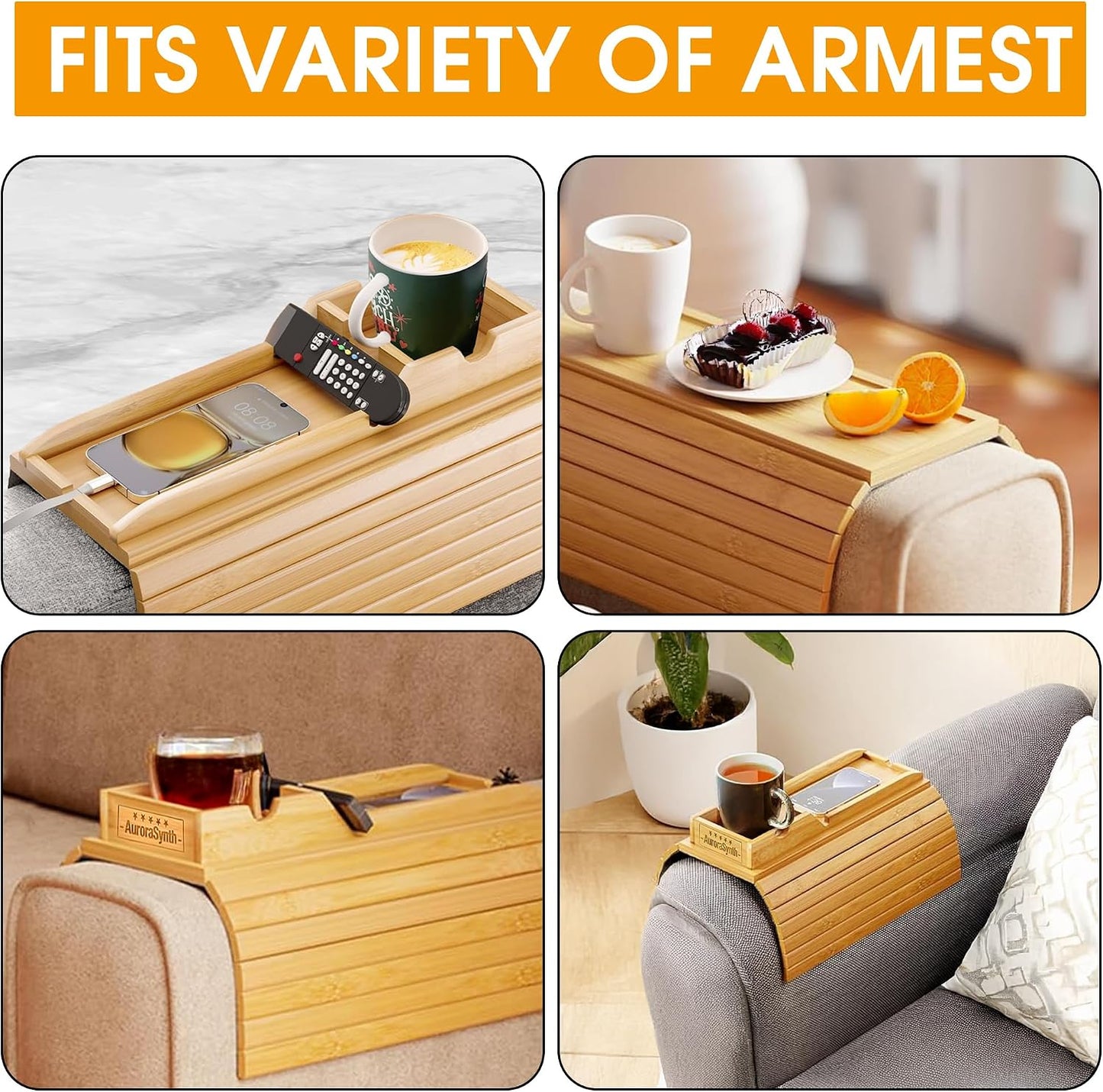 Bamboo Couch Cup Holder, 2 Cork Coasters, Anti-Slip Foldable Couch Arm Tray | 2 in 1 Foldable Sofa Arm Tray, Couch Armrest Table, Anti-Spill Couch Arm Table for Drinks TV Remote Cellphone Snacks