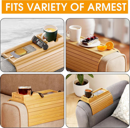 Bamboo Couch Cup Holder, 2 Cork Coasters, Anti-Slip Foldable Couch Arm Tray | 2 in 1 Foldable Sofa Arm Tray, Couch Armrest Table, Anti-Spill Couch Arm Table for Drinks TV Remote Cellphone Snacks