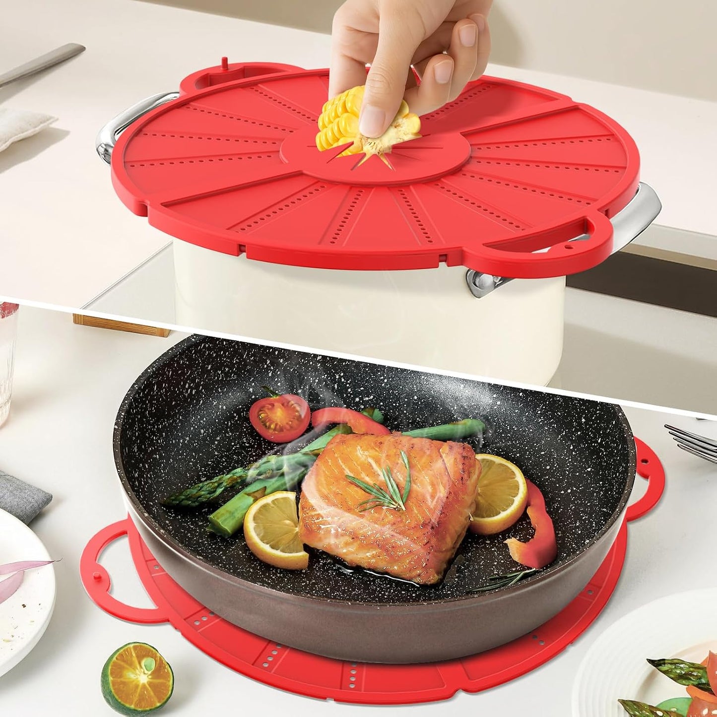 Foldable Silicone Splatter Screen for 10-13'' Pans with Handle,Red| Foldable Splash Guard, Multi-Use Grease Splatter Guard/Trivet Mat,Non-Stick Oil Splatter Guard,BPA-Free,Dishwasher Safe