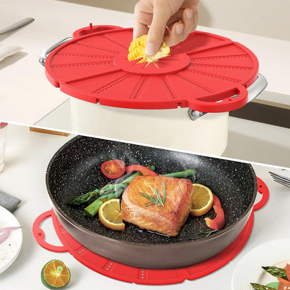 Foldable Silicone Splatter Screen for 10-13'' Pans with Handle,Red| Foldable Splash Guard, Multi-Use Grease Splatter Guard/Trivet Mat,Non-Stick Oil Splatter Guard,BPA-Free,Dishwasher Safe