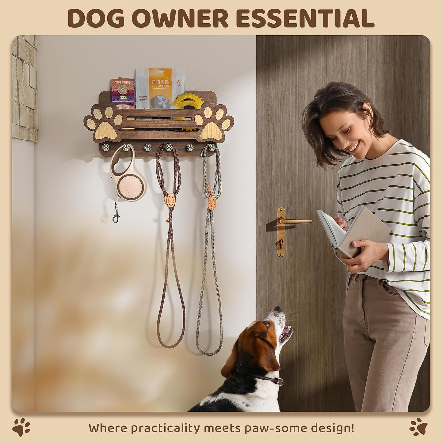 MTERSN Dog Leash Holder for Wall with Wall Shelf for Dog Lover, White | 3D Paw-print Design, Mail Holder for Wall with 6 Hooks for Dog Leash & Sunglasses, Put Dog Food Container, Rustic Home Decor