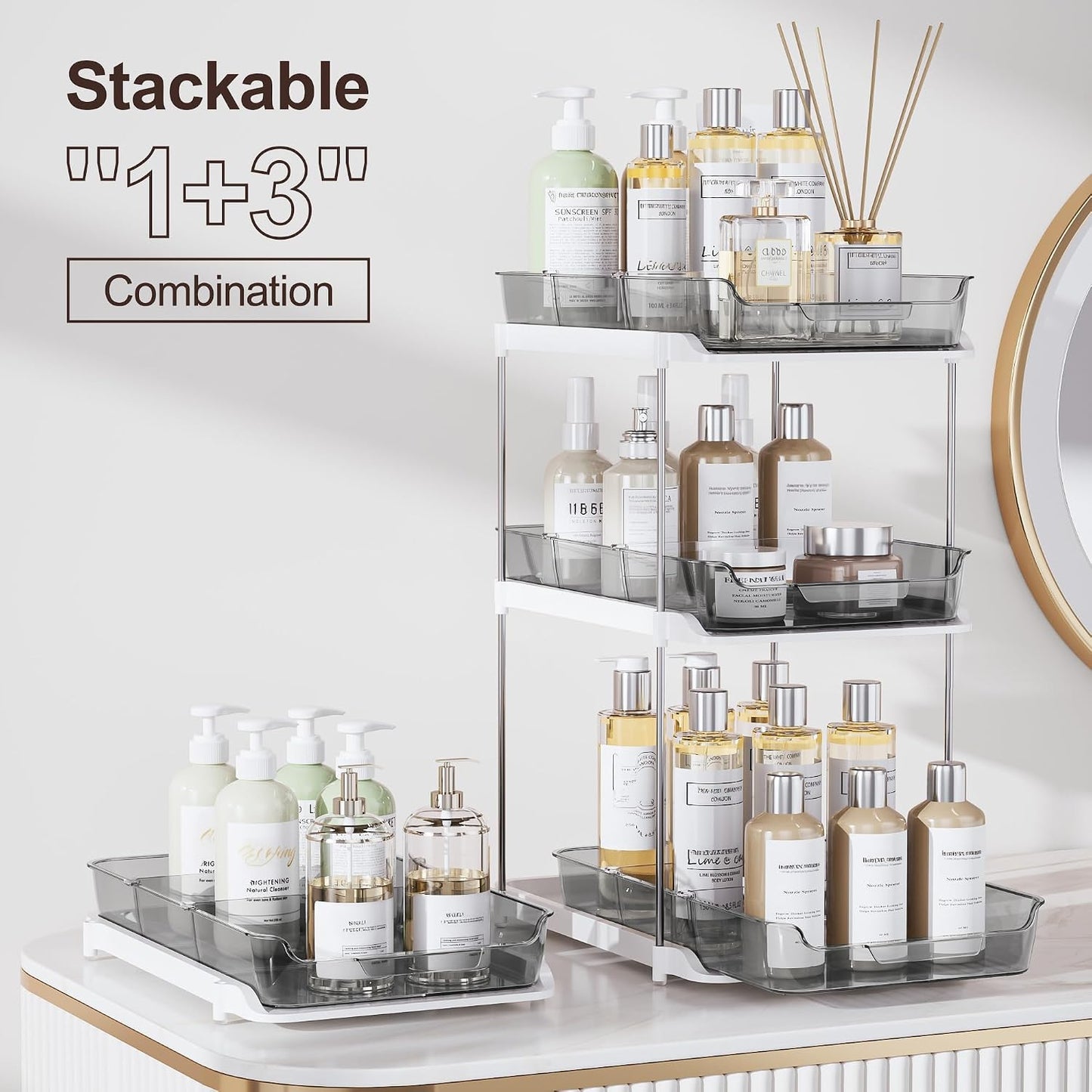 Delamu 2-Tier Multi-Purpose Bathroom Under Sink Organizers and Storage, Stackable Kitchen Pantry Organization, Pull Out Medicine Cabinet Organizer with Movable Dividers, White, 2 Pack