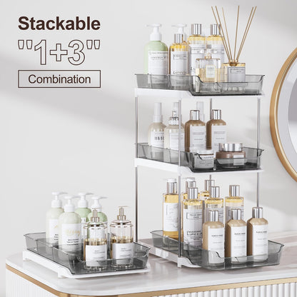 Delamu 2-Tier Multi-Purpose Bathroom Under Sink Organizers and Storage, Stackable Kitchen Pantry Organization, Pull Out Medicine Cabinet Organizer with Movable Dividers, White, 2 Pack