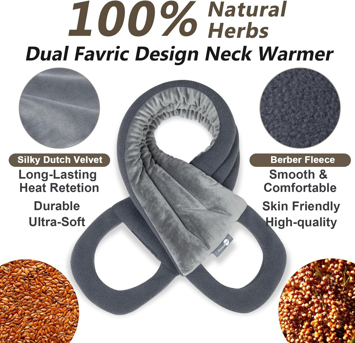 AiricePac Microwave Heating pad for Neck and Shoulders Back 33 * 5" microwavable Moist Heat Pack Warm hot Compress Neck wrap Weighted Rice Bean Bag Reusable Herbal Nature Calming Portable Grey