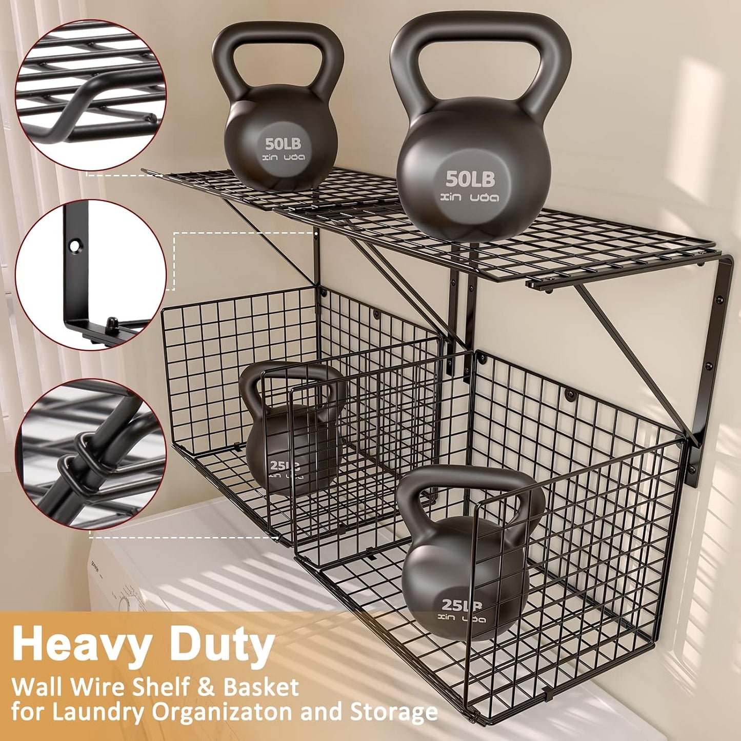 3IngSeagulls 2 Pack Laundry Room Shelves, Wire Baskets with 8 Hooks, Over Washer and Dryer Shelf, Wall Mounted Storage and Clothes Drying Rack, Black