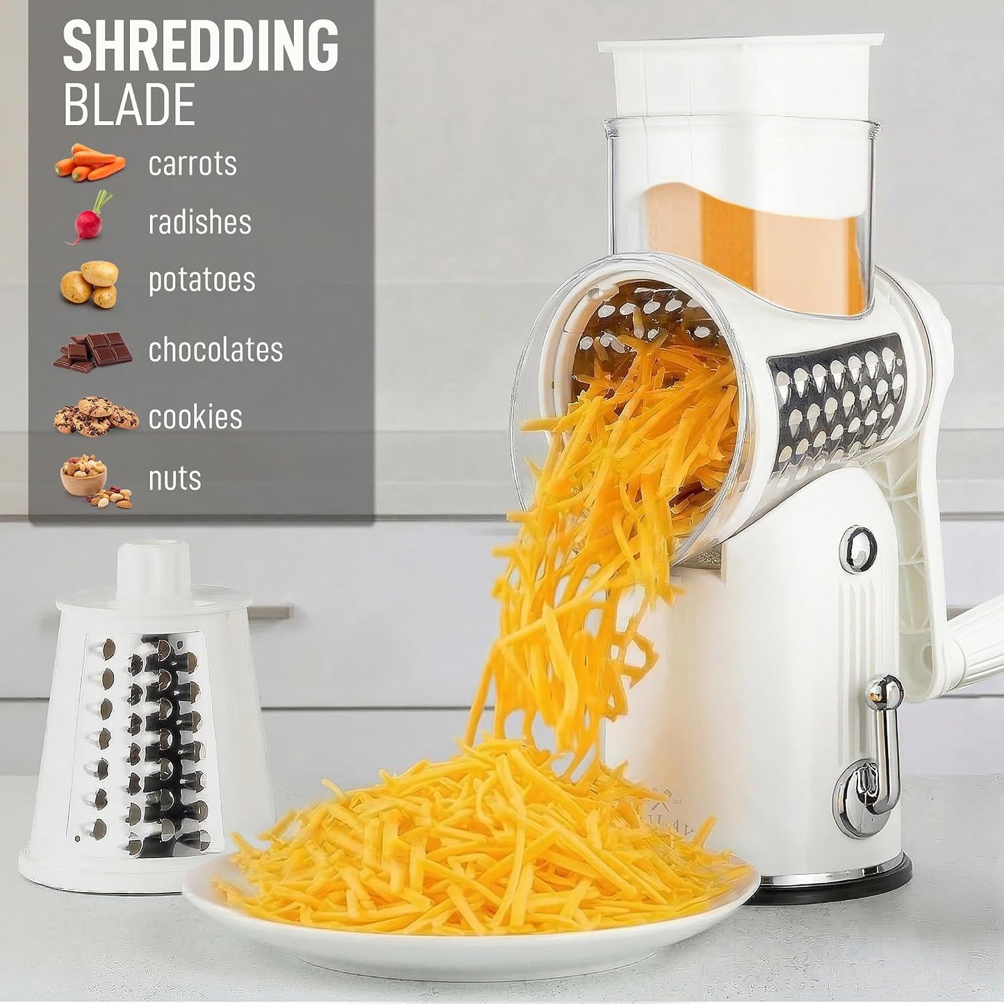 Zulay Kitchen Rotary Cheese Grater 5 Blade Cheese Shredder - Manual Hand Crank Cheese Grater With Reinforced Suction & 5 Interchangeable Drums - Easy to Use, Vegetable Chopper Round Mandoline Slicer - Colors A