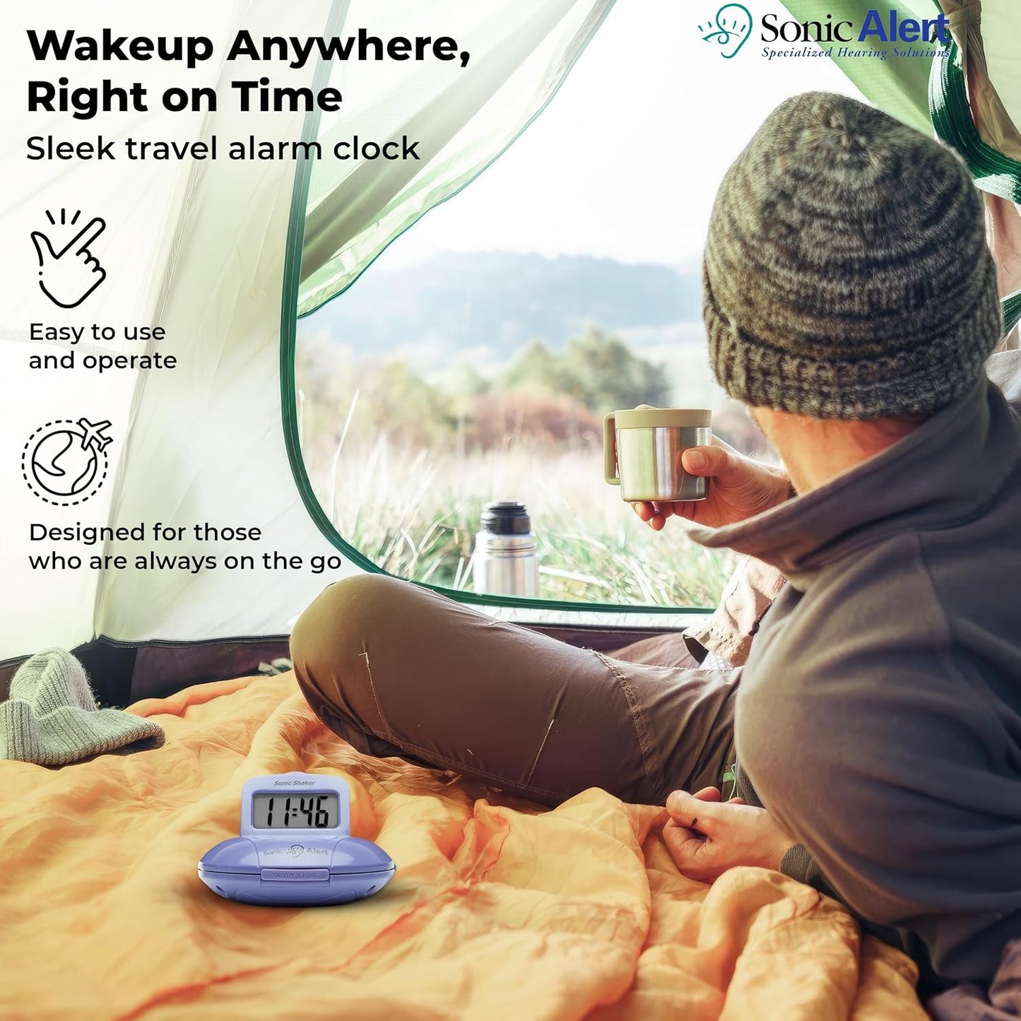 Sonic Alert Digital Alarm Clock - Small Travel Clocks for Heavy Sleepers - Battery Operated with Vibrating Bed Shaker - Purple