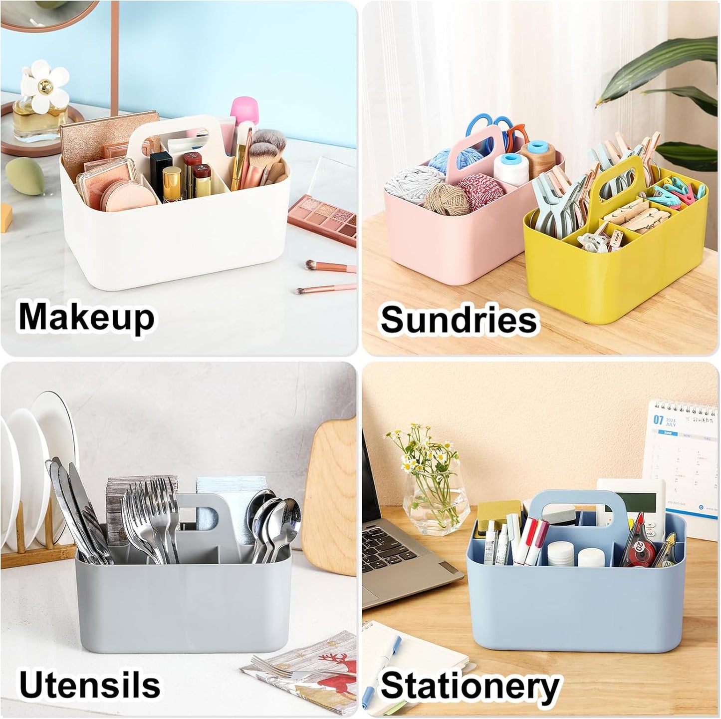 Multiuse Caddy Organizer with Handle, Portable Divided Plastic Tote Bin - Art Craft, Stationary Pen Marker Crayons, Makeup Hair Supplies Storage - Bathroom, Classroom, Dorm, Office, Desk Holder - Grey