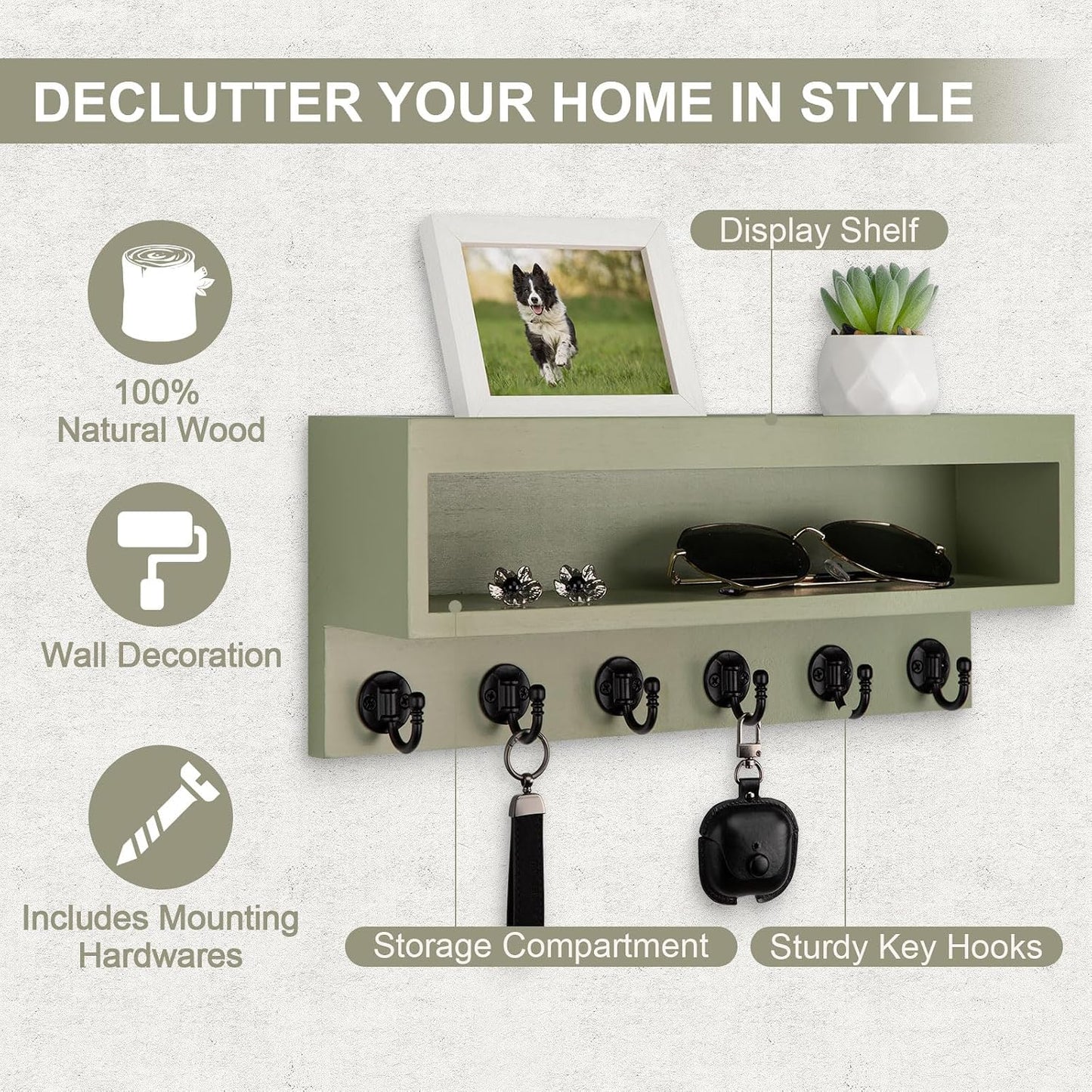 Key and Mail Holder Wall Mount with Long Storage Box and 6 Hooks | Key Holder For Coat, Dog Leash, Home Decor Rack, Entry Way Organizer