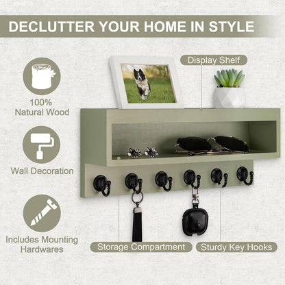 Key and Mail Holder Wall Mount with Long Storage Box and 6 Hooks | Key Holder For Coat, Dog Leash, Home Decor Rack, Entry Way Organizer