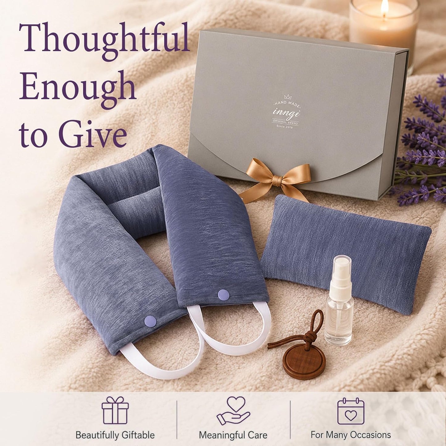 Premium Lavender Neck Wrap Set, Microwavable Heat Pad with Eye Pillow | Balanced lavender, salt, and buckwheat blend creates soothing neck warmth, warm or chilled use, and added tired-eye comfort.