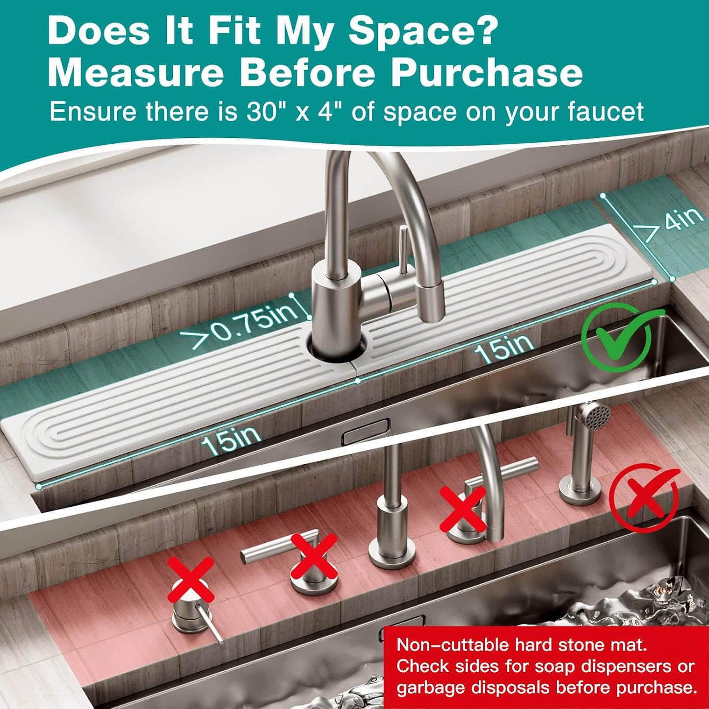 DK177 Faucet Mat for Kitchen Sink - Water Absorbing Stone Tray for Sink, Diatomite Fast-Drying Faucet Mat, Faucet Splash Guard for Bathroom Counter (White, 30" x 4")