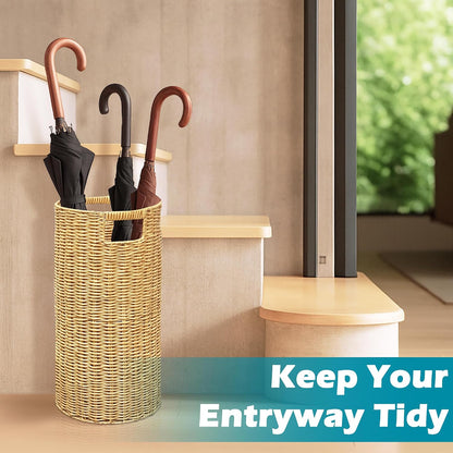 Rattan Umbrella Holder 21"H X 10"D, Handmade Wicker Umbrella Stand Indoor with Dip Tray, Sturdy Umbrella Holders for Entryway, Umbrella Bucket Fits Mudroom,Walking Canes,Home,Office (Brown)